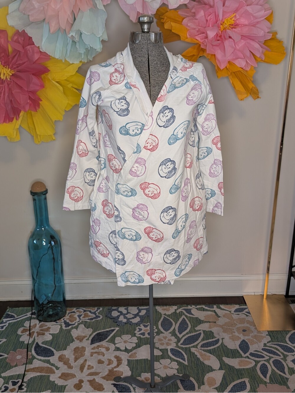 2049 - Aero White Cotton Hoodie Robe with Colorful Monkey Print, Size M